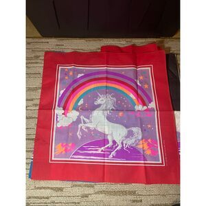 Vintage 80’s Unicorn handkerchief Bandana Stars Rainbow Scarf Mask Curtain USA l